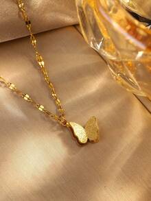 4 件/套优雅 3D 蝴蝶形不锈钢吊坠项链、耳环和戒指首饰套装，适合女性在宴会或时尚搭配时佩戴，也可作为礼物 - 金黃色 - 查看 17