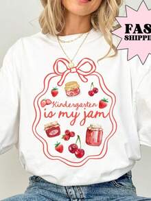 Teacher Shirt, Kindergarten Teacher Shirt, Kinder Teacher Shirt, Pre K Teacher Tee, Back To School Shirt, Is My Jam Tee,100% Cotton Oversized Short Sleeve Classic Heavy Cotton T Shirt Printed Graphic Tee Women's Casual Short-Sleeved Top - 白色 - 查看 1