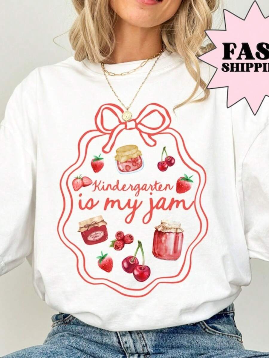 Teacher Shirt, Kindergarten Teacher Shirt, Kinder Teacher Shirt, Pre K Teacher Tee, Back To School Shirt, Is My Jam Tee,100% Cotton Oversized Short Sleeve Classic Heavy Cotton T Shirt Printed Graphic Tee Women's Casual Short-Sleeved Top - 白色 - 查看 1