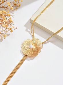 1 件银杏叶吊坠项链，长花流苏，简约，时尚珍珠小花和蛇链项链，高档金属质感流苏长颈链，适合女性日常和派对佩戴 - 金色 - 查看 2