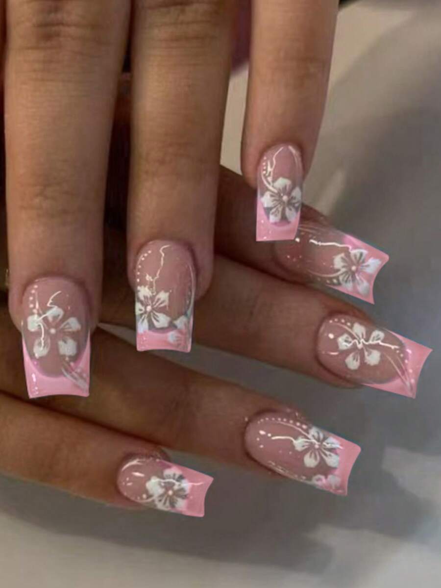 24片短方形紫红色花朵美甲贴纸，浅粉色法式亚克力材质，完美贴合，套装包含：1瓶凝胶指甲油和1个指甲锉，易于佩戴，适合夏季日常美甲，适合女性和女孩日常工作、派对等场合。