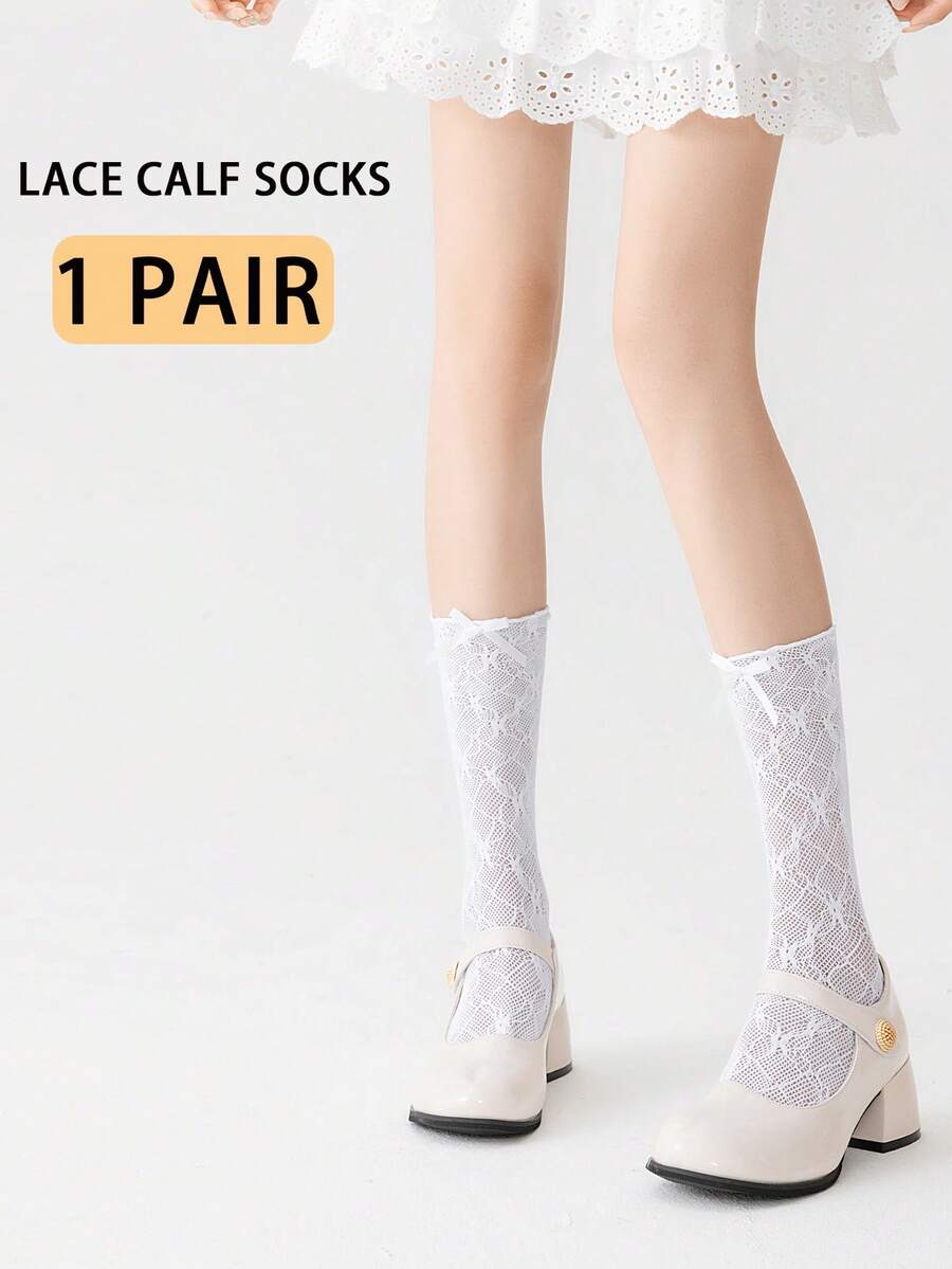 1 Đôi tất chân ren nơ xếp nếp cho nữ, phong cách ba lê, tất cao đến đầu gối ren lưới siêu mỏng, thoáng khí cho mùa hè - Nhiều màu - Xem 1