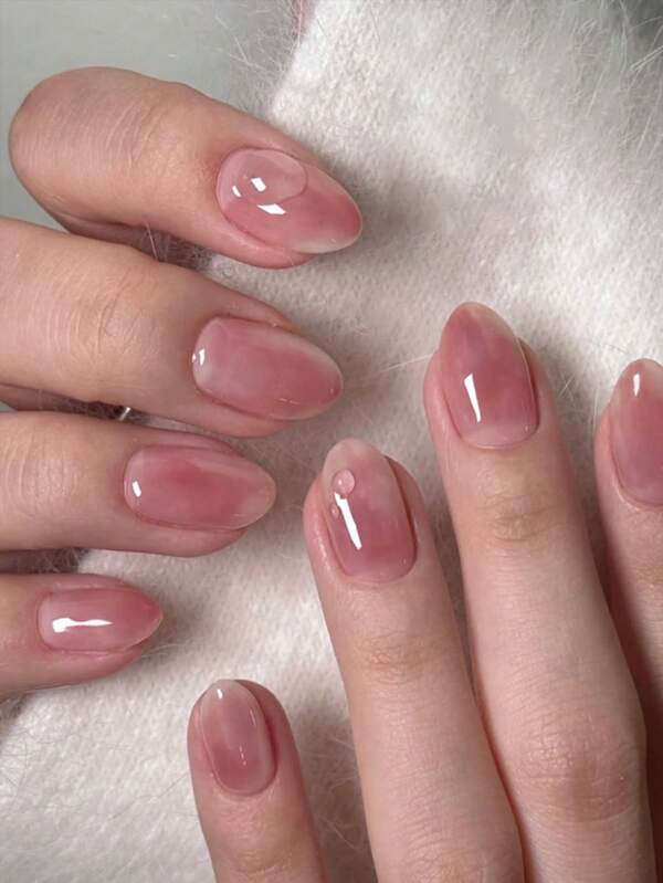 24Pcs Medium Almond Press On Nails Gradient Nails Short Stiletto Fresh Design Glossy Full Cover Korea Style For Women Girls Manicure Home Diy Summer Nails Art Nail Supplies Nails