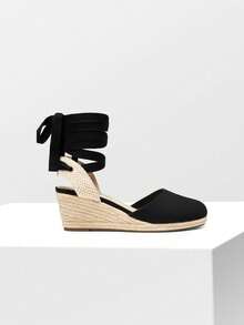 女式包头系带帆布鞋可爱细带凉鞋职业海滩夏季厚底坡跟凉鞋 - 黑色 - 查看 7