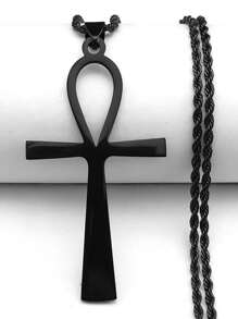 Colar Amuleto Religioso Goth Egípcio Cruz Ankh Chave da Vida em Aço Inoxidável na Cor Preta