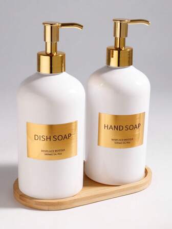 2 pièces Distributeur de savon de 17 oz, ensemble de salle de bain, distributeur de savon et de lotion avec pompe dorée, parfait pour la décoration de salle de bain moderne - Ensemble de distributeur de savon de cuisine avec plateau - Bouteille pour évier de cuisine - Décoration de maison bohème, décoration moderne dans un restaurant (Noir/Blanc)