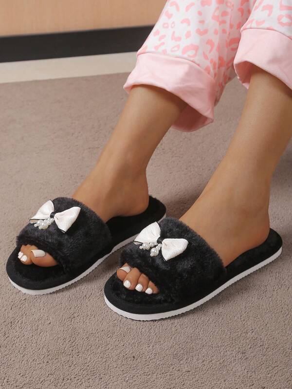 Women's Pearl Bow Open Toe Slippers, Cute & Warm Indoor Home House Plush Slippers For Students Dormitory, Winter