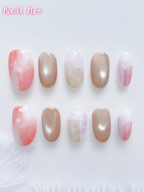 10 Pieces Handmade Press On Nails,Fake Nails,Summer Nails,Beauty Nail Art,Cute Minimalist Style,Cat Eye Nail,Press On Nails Short,Suitable For Women And Girls For Daily Or Holiday Wear, High-End Quality.