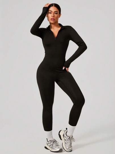 Women's Full Zip Skin-Tight Long Sleeve Yoga Jumpsuit, High-Intensity Fitness Activewear Jumpsuit
