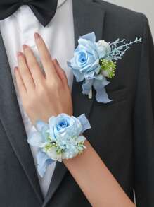 6pcs Set Pale Blue Anemone Flower & Blue Hydrangea Faux Plant Romantic Wrist Corsage Suitable For Groom, Bride, Bridesmaid, Father, Mother For Wedding, Engagement, Ceremony, Party, Ball