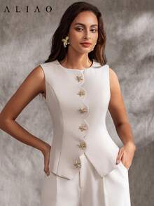 Áo ba lỗ thanh lịch cổ tròn hình sao biển phong cách đô thị mùa hè của Aliao dành cho nữ, thanh lịch, khiêm tốn, mùa xuân / mùa hè, Eid AI-Adha, Eid Adha Mubarak - trắng - Xem 2