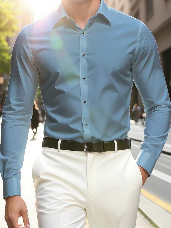 Men's Fashionable Casual Business Commuter Shirt, Stand Collar, Solid Color, Button-Up Long Sleeve Shirt. Men's Formal Fitted Dress Shirt, Solid Color Shirt. Suitable For Daily Wear, Work Commute, Outings, Parties. Can Be Paired With Suit Pants Or Suits For Gatherings, Weddings, Honeymoon. Can Be Given As A Gift To Sons, Husbands, Boyfriends, Fathers.