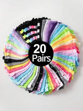 20 Pairs/Set Teenagers Colorful Polka Dots Heart Shaped Bowknot Design Breathable Short Socks, Ideal For Daily Wear, Outdoor Activities, School Dressing, Random Style And Color