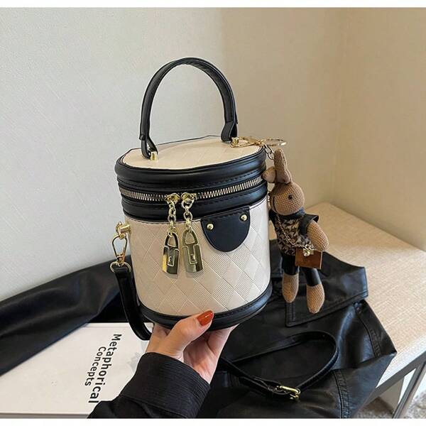 Bolso estilo cubo retro, cartera cilíndrica en color contrastante, bolso de hombro de alta calidad, bolso con cremallera, adecuado para desplazamientos diarios, compras, reuniones y citas (sin colgante/con colgante)