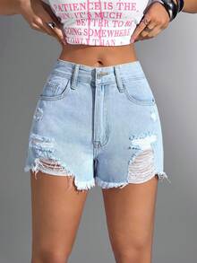 Jeanoix Women Ripped Raw Hem Denim Shorts For Summer - Light Wash - View 1