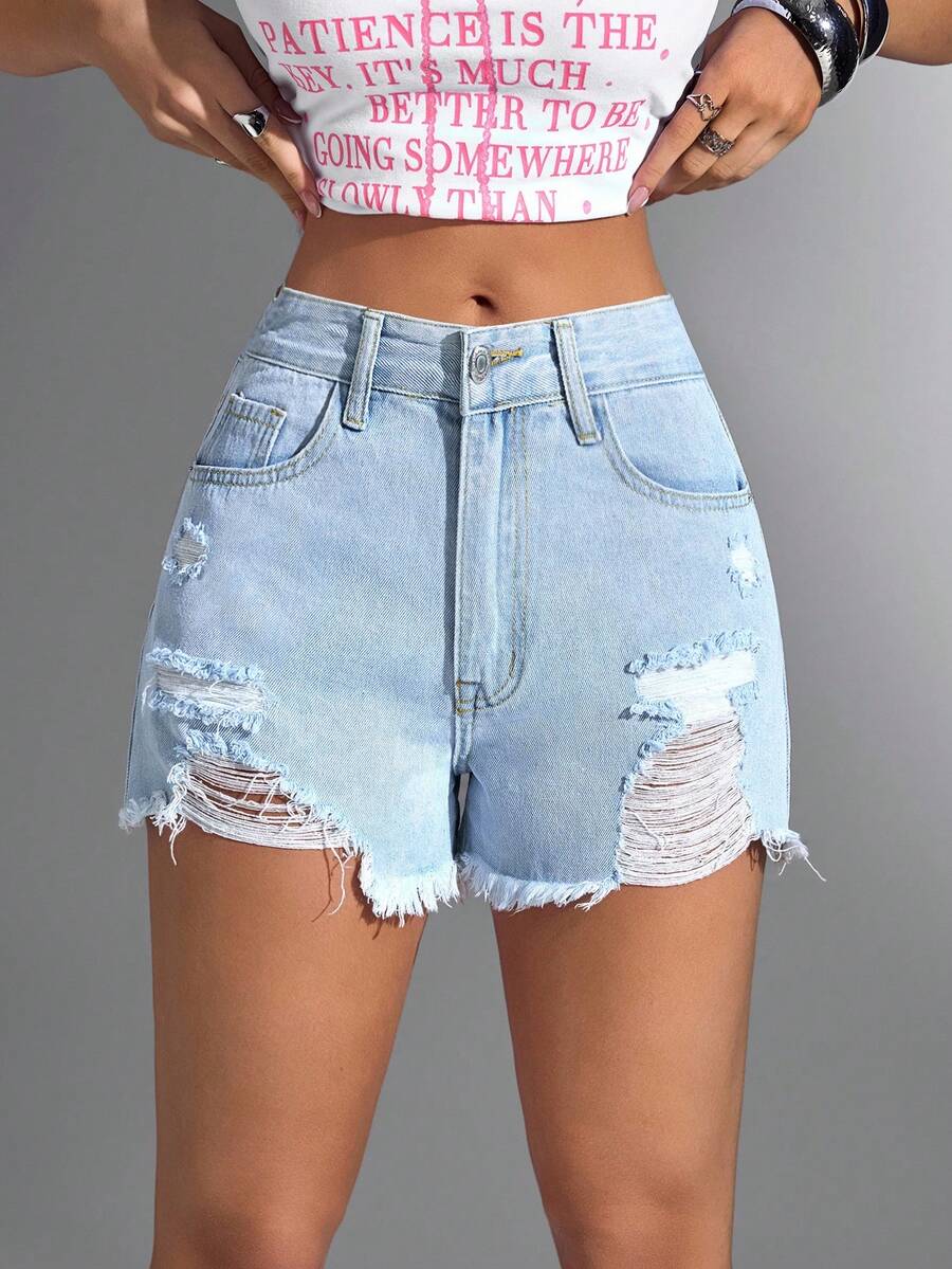 Jeanoix Women Ripped Raw Hem Denim Shorts For Summer - Light Wash - View 1