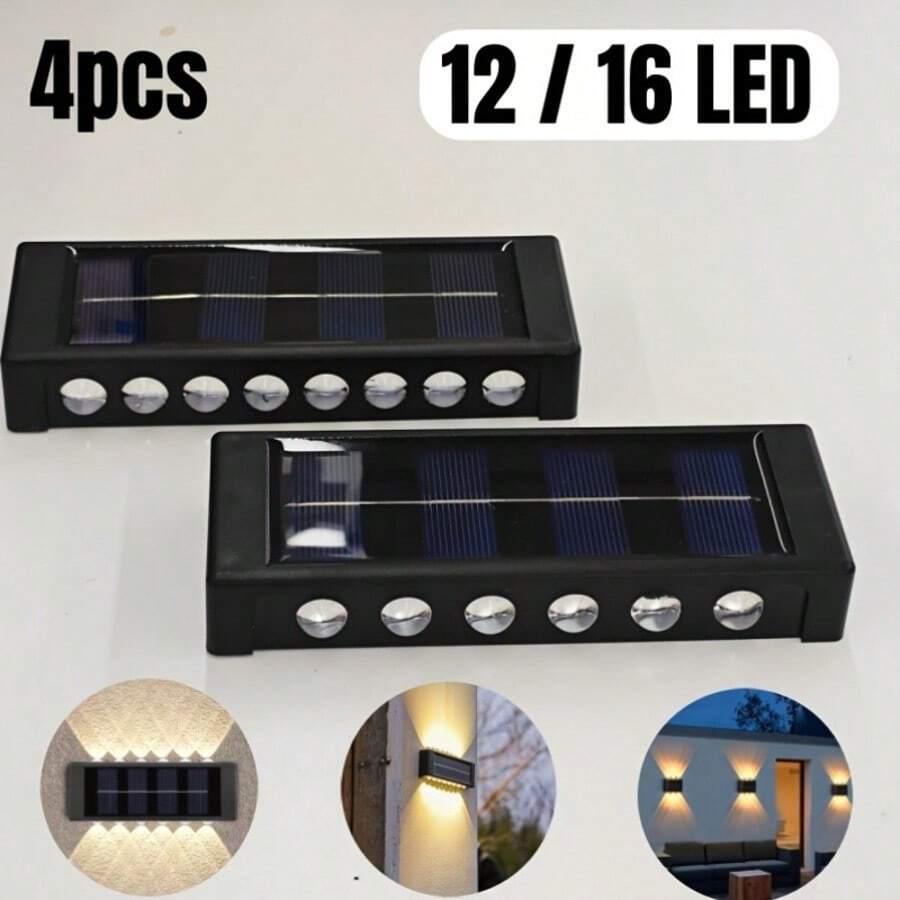 4-częściowa lampa ścienna zewnętrzna IP44 zasilana energią słoneczną, oświetlenie zewnętrzne 12/16 LED, oświetlenie ogrodowe do willi, zerowy rachunek za prąd, bezprzewodowa konstrukcja do zewnętrznego muru granicznego