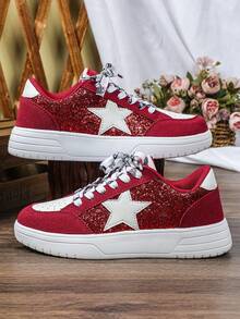 Autumn/Winter Glitter Fashion Shiny Sequin Festive Red Shoes, Multi-Color Patchwork Casual Comfortable, Suitable For Daily Commute, Holiday Celebration, , Low-Top, Wedding, Women's Athletic Sneakers - Red and White - View 6