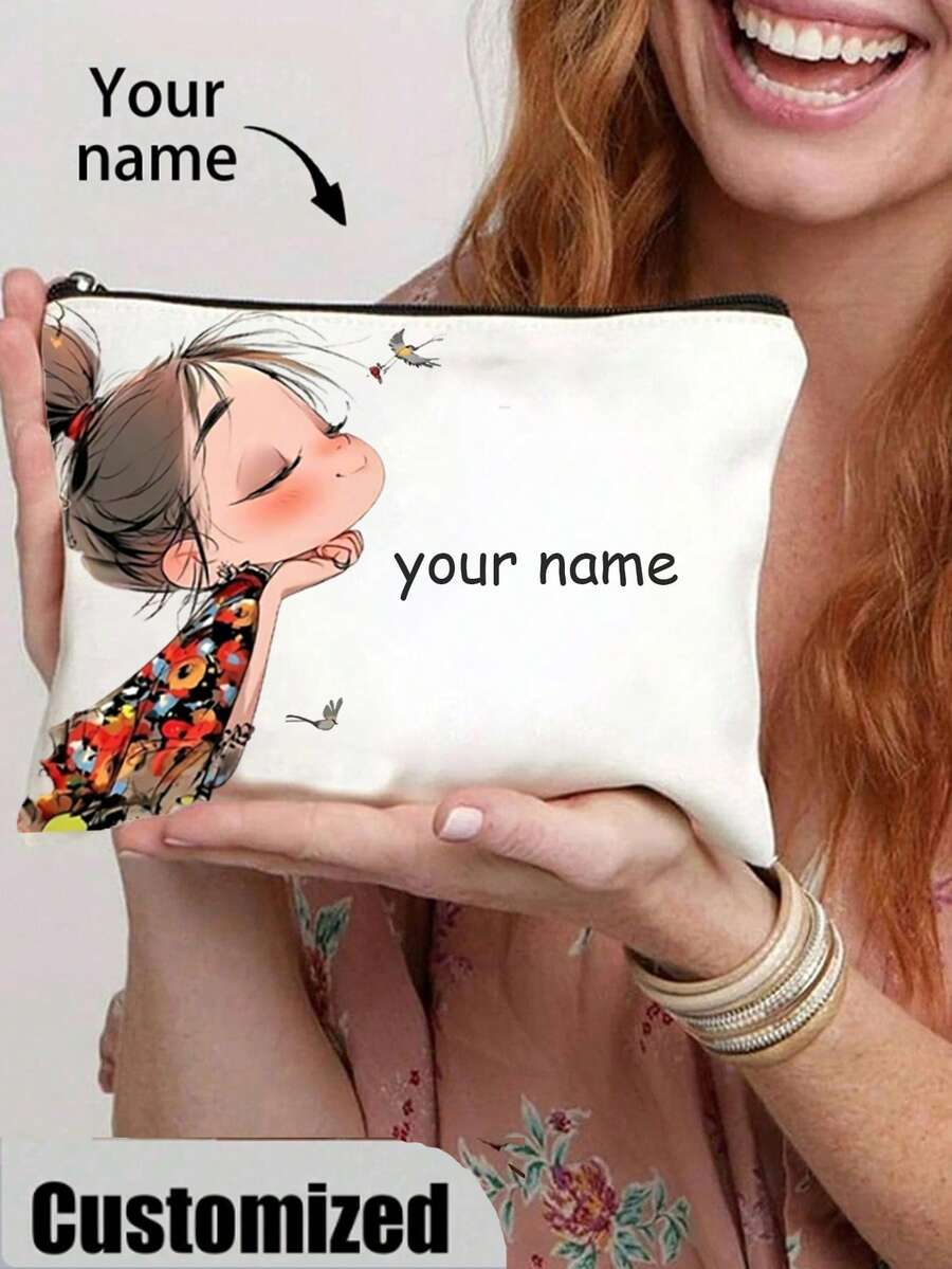 定制化妆包，定制字母姓名Logo收纳袋，可根据您的独特设计定制，轻便拉链化妆包，零钱包，铅笔盒，非常适合购物、约会、度假、旅行、节日、派对或作为情人节礼物送给女朋友，箱包及行李箱，2025万圣节配饰，大容量 - 米色 - 查看 1