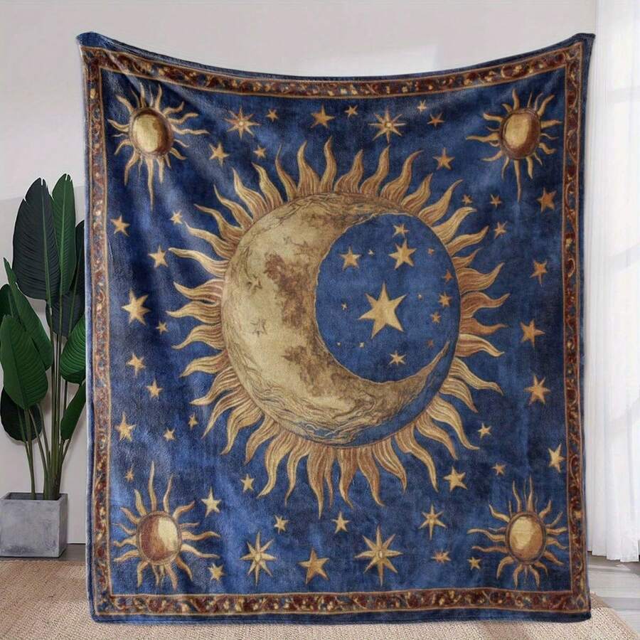 1pc Vintage Sun Moon Stars Printed Throw Blanket - Ultra Soft Flannel For Sofa, Bed, Office, Car, Camping, Travel - All Seasons Gift Blanket, Digital Print, Knitted, 280gsm, Comfort Polyester Blankets Great Gift For Friend, Family - 彩色 - 查看 1