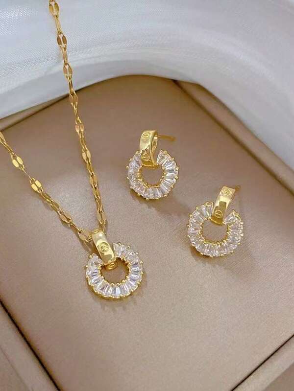 3pcs Fashionable & Versatile Women Jewelry Set, Inlaid Baguette Full Cubic Zirconia, Necklace & Earrings Set, Stainless Steel Personalized Necklace, Daily Wear Or Gift For Girlfriend