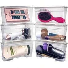 AB Designs Bin Pack, [6] Long Home Organizer Storage Boxes With Lids, Translucent Clear