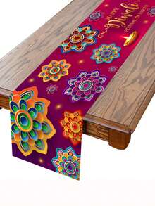 1pc Happy Diwali Table Decor, Purple Diwali Table Cloth, 180x35cm Polyester Table Decoration, Festival Party Decorations, Home Decor - Multicolor - View 7
