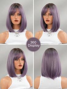 NICKY WALL Ombre Short Ash Purple Wigs For Women 10 Inch Straight Bob Wig With Side Bangs Fashion High Density Wig Synthetic Heat Resistant Fiber Soft Locs Wig For Girls Daily Party Use - Purple - View 5