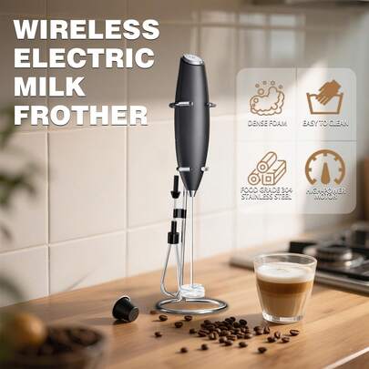 2-In-1 Electric Milk Frother & Egg Beater - Wireless Handheld Mixer With 304 Stainless Steel Whisk Heads, One-Touch Operation, Detachable Battery, Stand Included - Perfect For Coffee, Latte, Matcha, Cream & Kitchen Baking