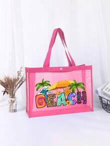 粉色网眼托特包和小包套装，带有海滩风格彩色字母印花设计，便携式化妆包和休闲收纳手提包，透明收纳包，护肤包，洗漱包，女士沙滩手提包，婚礼伴娘礼物，母亲礼物，生日礼物，送给朋友和老师的最佳礼物，浴室收纳盒，返校季和毕业季必备品，适合学生、返校和教师