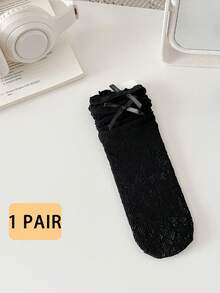 1 Đôi tất chân ren nơ xếp nếp cho nữ, phong cách ba lê, tất cao đến đầu gối ren lưới siêu mỏng, thoáng khí cho mùa hè - Nhiều màu - Xem 13