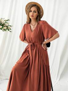 Rusttydustty Plus Size Solid Color V-Neck Short Sleeve Pleated Patchwork Casual Summer Dress - Burnt Orange - View 6
