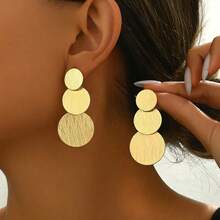 1 Pair Minimalist 3-Layer Circle Design Fashion Matte Textured Drop Earrings, Showcasing A Simple Yet Unique Accessory Style - Yellow Gold - View 1