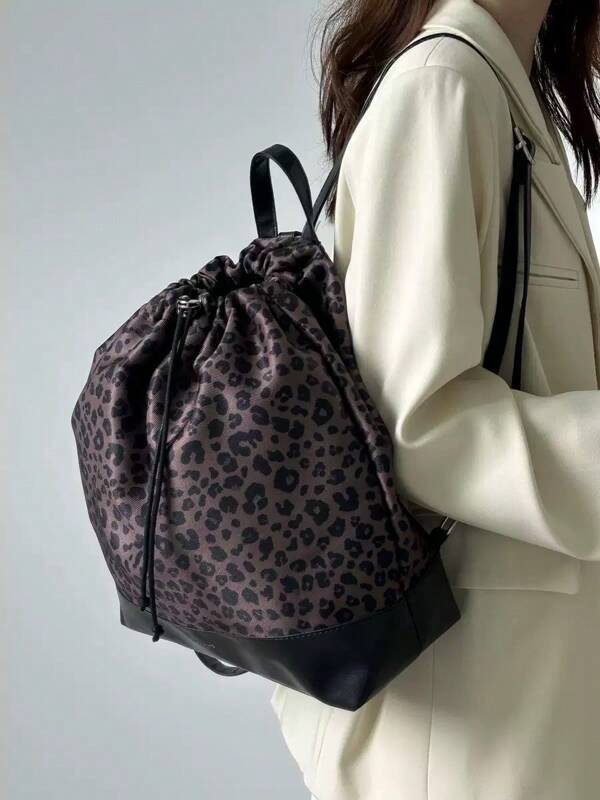 时尚豹纹休闲百搭大容量抽绳背包，简约学院风，适合通勤、购物、旅行、送礼