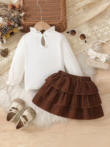 Conjunto de vestido de manga larga para bebé niña de otoño/invierno, conjunto de vestido recién nacido, conjunto de ropa y falda, moño marrón, falda de volantes multicapa, estilo dulce y lindo adecuado para bebé niña y uso diario de bebé niña - Marrón - Ver 2