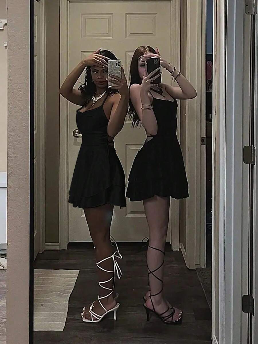 1 chiếc váy xếp ly buộc dây hở lưng gợi cảm, thích hợp mặc ở quán bar, tiệc tùng, ở nhà, sản phẩm phổ biến xuyên biên giới theo phong cách Châu Âu và Châu Mỹ thanh lịch - màu đen - Xem 1