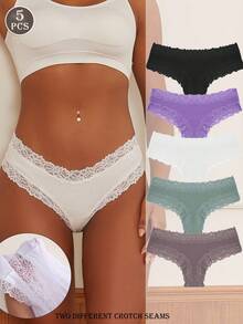 FINETOO 5pcs/Set Women's Romantic Lace Trim Ribbed Low Rise Thong Panties - Multicolor - View 2