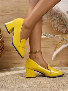 Giày Mary Jane kiểu Pháp thu đông, giày cao gót nữ mùa xuân mới, giày da cỡ lớn thanh lịch kiểu Hàn Quốc, giày cao gót đế dày mũi vuông màu trơn, giày thanh lịch. - Vàng đậm - Xem 3