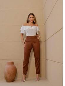 Women's Tailored Trousers, Straight, Side Zipper, High Waist - Rỉ Nâu - Xem 2