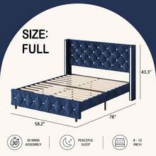 Twin/ Full/ Queen/ King Size Bed Frame, Upholstered Bed Frame With Diamond Headboard And Footboard, No Box Spring Needed With Wood Slat Support, Easy Assembly, Twin Bed Frame/  Full Bed Frame/ King Bed Frame, Black/ Pink/ White/ Purple/ Blue/ Green - 藍色 - 查看 8