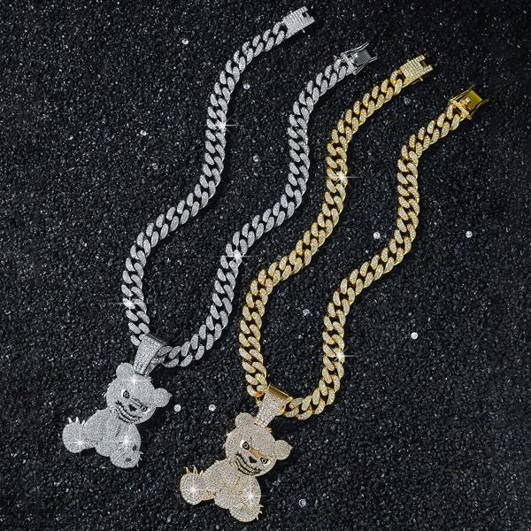 Smiling Panda Pendant Necklace Set, Fashionable Fully Iced Out Animal Panda Pendant Necklace, Unisex Hiphop Cuban Link Chain Plated In 18K Gold And White Gold Color