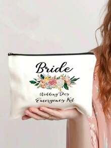 1 pieza Bolsa de emergencia de maquillaje para el día de la boda de la novia - Neceser de maquillaje personalizado de poliéster, bolsa de almacenamiento con cremallera ligera, lavable a máquina, no se destiñe, plegable - Bolsa de aseo de color blanco de moda, esencial para viajar, adecuado para la escuela, vacaciones, vuelta al colegio, bolsa de viaje para mujeres - Ver 4