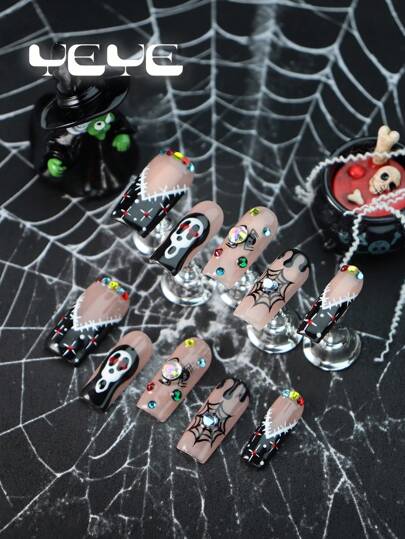 Get Romantic With 10pcs Medium Long Square Shape Handmade FrenchTips Black Dusty Pink Hallowmas Funny Face Full Coverage Press On Nails Set Cool Sweet Girl 3d Three-Dimensional Colorful Decoration Rhinestone Decor Drawing Skull Spider Web Full Cover Fake Nails Kit For Girls And Women With 1pc Mini Nail File & 1 Sheet Adhesive Tabs Modern Gradient White False Nails