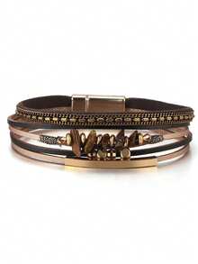 1pc Leather Rope & Natural Stone Beads Copper Tube Design Women Bracelet, Summer Beach - Brown - View 3