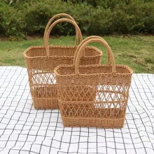 1pc Picnic Fruit Storage Basket With Handles,Durable Imitation Rattan Storage Basket For Fruits,Vegetable,Drinks,Camping Portable Picnic Basket,Household Storage Organizer For Kitchen,Home Decor