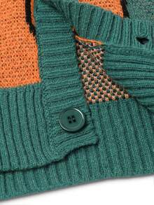 Men's Casual Loose Fit Jacquard Colorblock Pattern Cardigan Sweater, Fashionable Drop Shoulder Long Sleeve Knit Top Outerwear For Autumn & Winter - Green - View 6