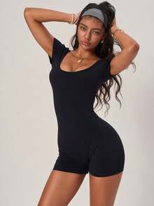 PinkTip U-Neck Jumpsuit With Built-In Shaping Shorts, Laser Cut Back Detail, 4-Way Stretch, Suitable For Fitness, Beach And Streetwear Black Summer - 黑色 - 查看 2