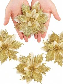 زهور البوينسيتيا المزخرفة بالبريق، زينة شجرة الأعياد، زهور اصطناعية للديكور، لأكاليل عيد الميلاد وحفلات الزفاف والتزيين الزهري، ديكورات عيد الميلاد