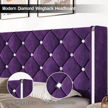 Twin/ Full/ Queen/ King Size Bed Frame, Upholstered Bed Frame With Diamond Headboard And Footboard, No Box Spring Needed With Wood Slat Support, Easy Assembly, Twin Bed Frame/  Full Bed Frame/ King Bed Frame, Black/ Pink/ White/ Purple/ Blue/ Green - 紫色 - 查看 2