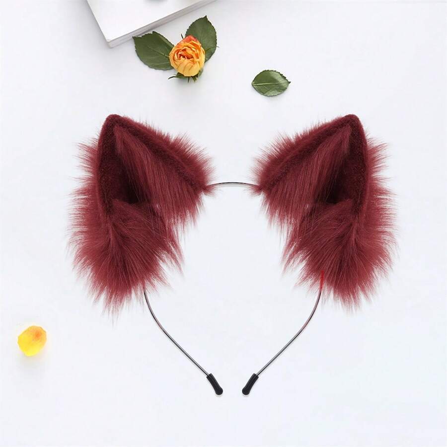 Ultra Soft Realistic Faux Fur Fox Ear Headband Featuring A Fluffy Life-Like Texture To Create A Charming And Playful Animal Look Perfect For Halloween Cosplay Parties Anime Conventions Photography Props And Festive Theme Park Adventures - Đỏ - Xem 1